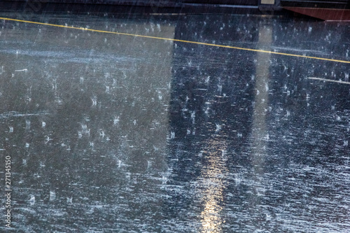 Tablou pe pânză the pouring rain, with a thunderstorm and a thunder, water flows on asphalt form