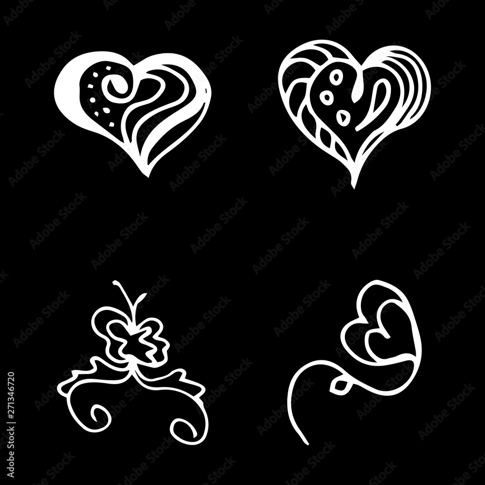 Obraz premium Flowers and hearts hand drawn doodle collection isolated on black background. 4 floral graphic elements. Big vector set. Outline collection