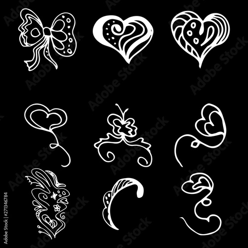 Flowers and hearts hand drawn doodle collection isolated on black background. 6 floral graphic elements. Big vector set. Outline collection