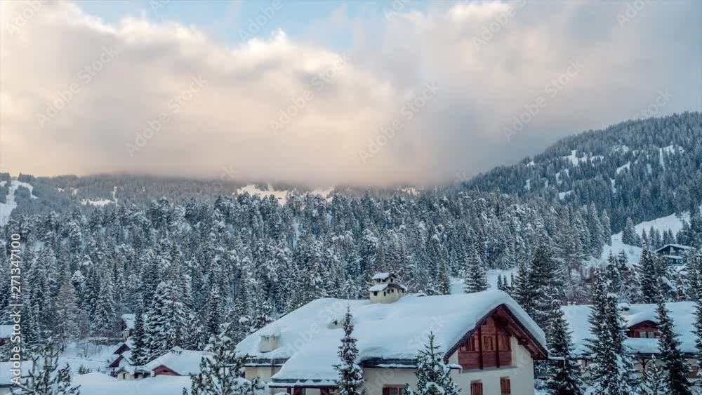 Snow Covered Mountains Sunset Cloud Time Lapse European Alps Chalet House Snow Covered Mountains Sunset Cloud Time Lapse European Alps Chalet House