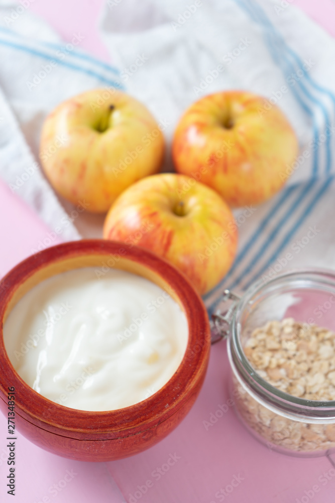 Healthy breakfast with apple yogurt and oat Healthy breakfast with apple yogurt and oat