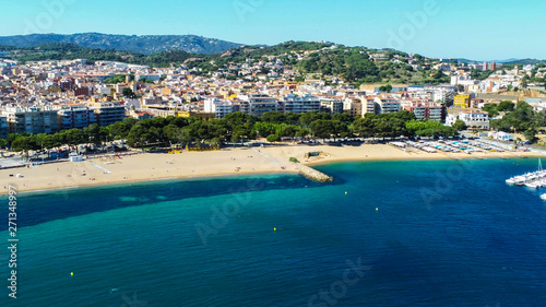 Aerial view in Sant Feliu de Guixols, coastal village of Costa Brava, Girona. Catalonia,Spain.Drone Photo © VEOy.com