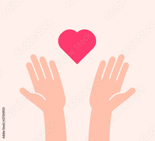 Flat background with two hands receiving or sending heart icon. Vector illustration for charity, help, supporting, work of volunteers, donation, love and kindness