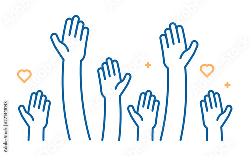 Raised helping hands vector icon. Illustration for volunteer and charity work in flat style with arms and geometric elements, hearts.  Crowd of people ready and available to help and contribute.