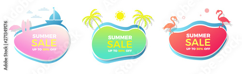Set of trendy colorful summer sale banners with thematic elements. Vector geometric template liquid and wavy shapes in different colors. Modern abstract tropical and seasonal banner designs 
