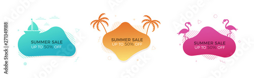 Set of trendy colorful summer sale banners with thematic elements. Vector geometric template liquid and wavy shapes in different colors. Modern abstract tropical and seasonal banner designs