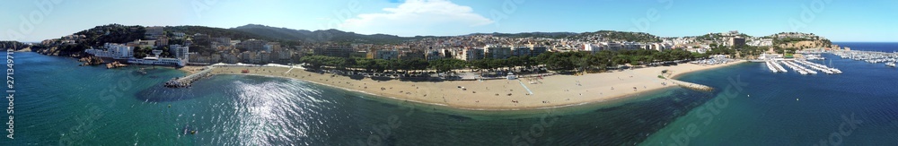 Aerial view in Sant Feliu de Guixols, coastal village of Costa Brava, Girona. Catalonia,Spain.Drone Photo