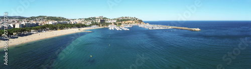 Aerial view in Sant Feliu de Guixols, coastal village of Costa Brava, Girona. Catalonia,Spain.Drone Photo