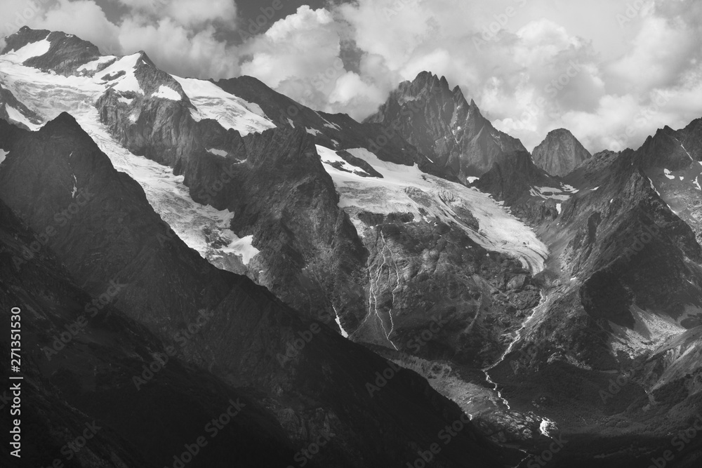 Melting mountain glaciers, global warming, Caucasus Mountains, Dombay, black and white landscape
