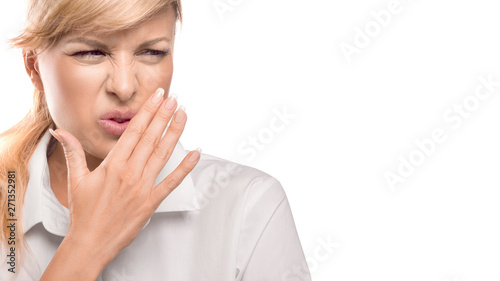 Beautiful Woman Covering Her Mouth and nose. Bad smell. Isolate on white background