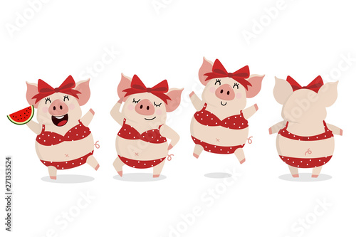 Cute pig in red bikini in summer. Happy piggy has a vacation. Animal wildlife cartoon character vector.