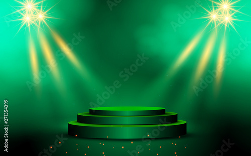 green podium and spotlight with smoke on the studio room