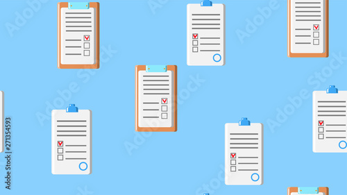Seamless pattern texture of endless repeating paper sheets of paper contracts with tablets for papers on blue background. Vector illustration