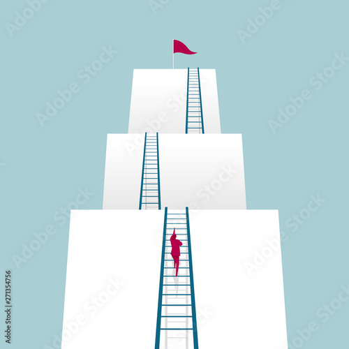 The businessman works hard toward the goal. Isolated on blue background.