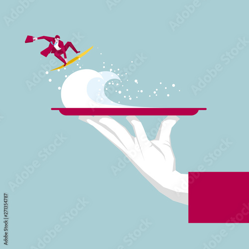 Photography Businessman is surfing in the tray. Isolated on blue background.