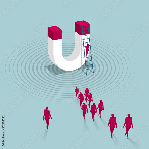 A group of people walked toward the magnet. Isolated on blue background.