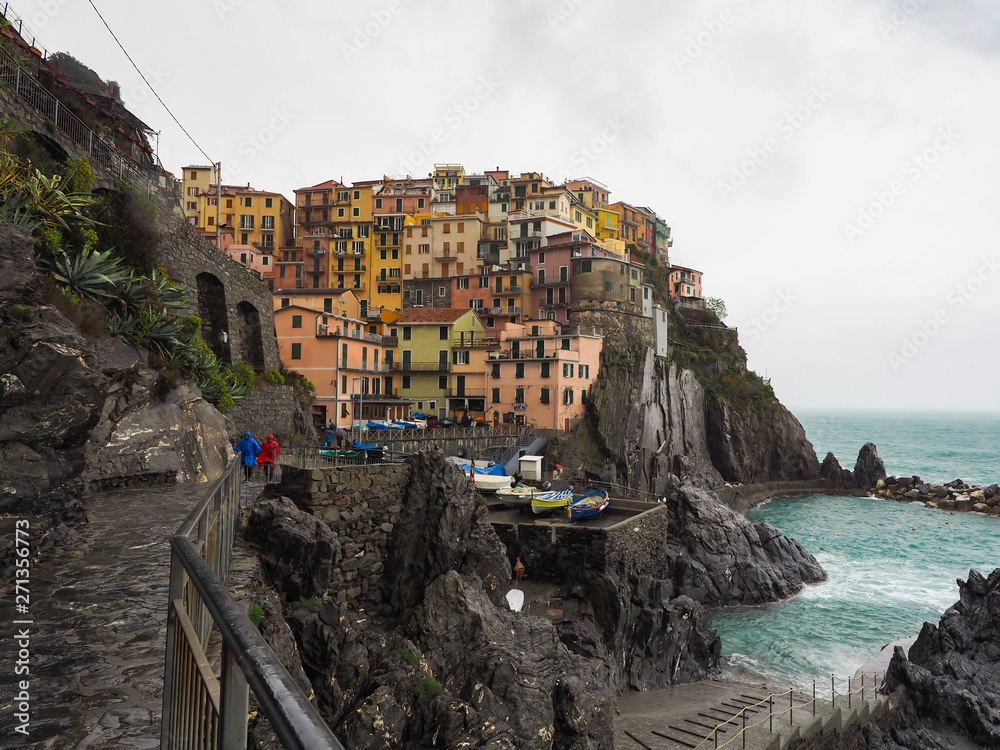 Manarola beautiful seaside town of Italy on a stormy day.