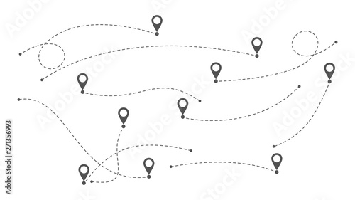Travel routes. Dotted lines path with map pointers. Vector illustration