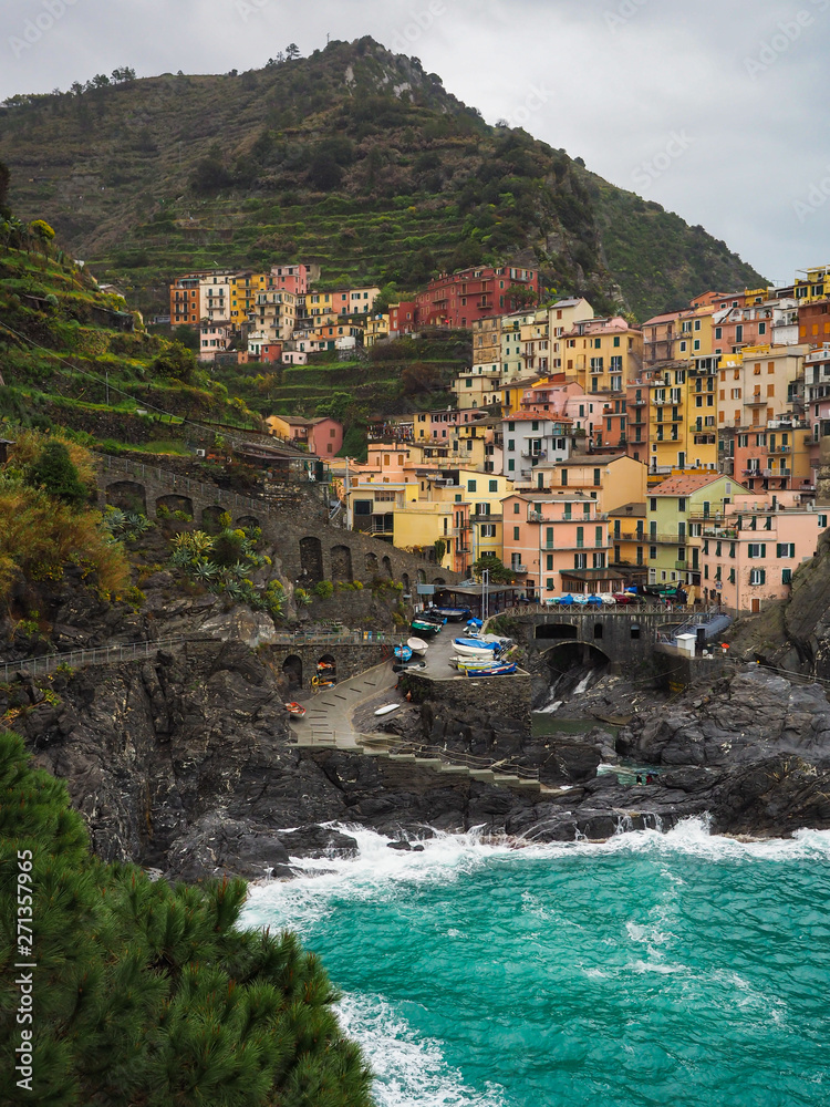 Manarola beautiful seaside town of Italy on a stormy day.