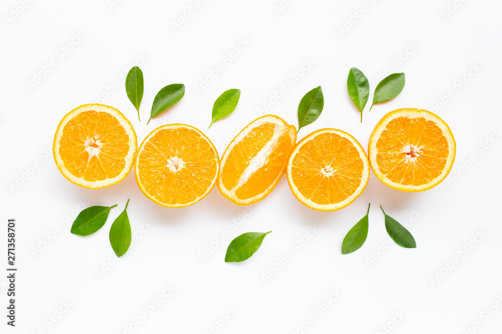 High vitamin C. Fresh orange citrus fruit with leaves isolated on white background. High vitamin C. Fresh orange citrus fruit with leaves isolated on white background.
