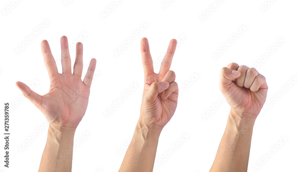 Rock Paper Scissors hands on white background Rock Paper Scissors hands on white background