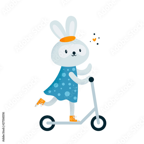 Cute little rabbit bunny in dress riding a scooter Premium Vector