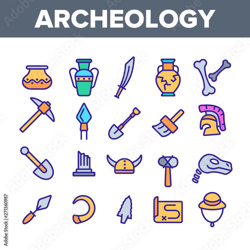 Archeological Tools And Excavations Vector Linear Icons Set. Archeology Science Outline Symbols Pack. Archeologist Equipment. Antique Greek Pottery, Historical Artifacts Isolated Contour Illustrations