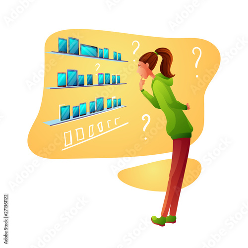 Girl in  electronics shop flat vector illustration