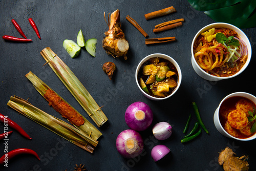Photography asian laksa top down with a lot of spices and ingredients