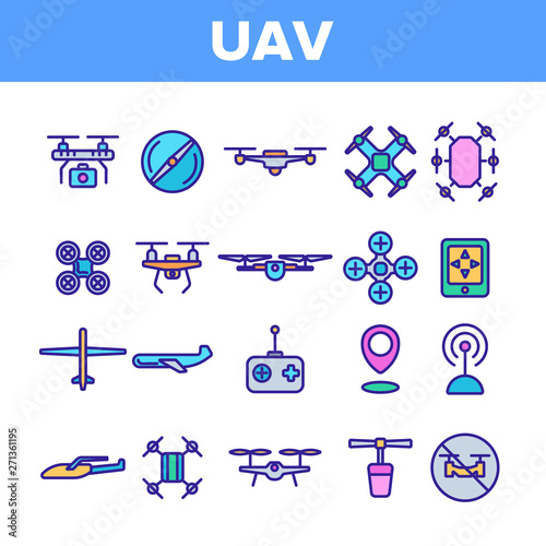 UAV, Remote Control Drones Vector Linear Icons Set. UAV, Unmanned Aircraft System Outline Symbols Pack. High Tech, GPS Navigation. Modern Delivery Service Technology Isolated Contour Illustrations