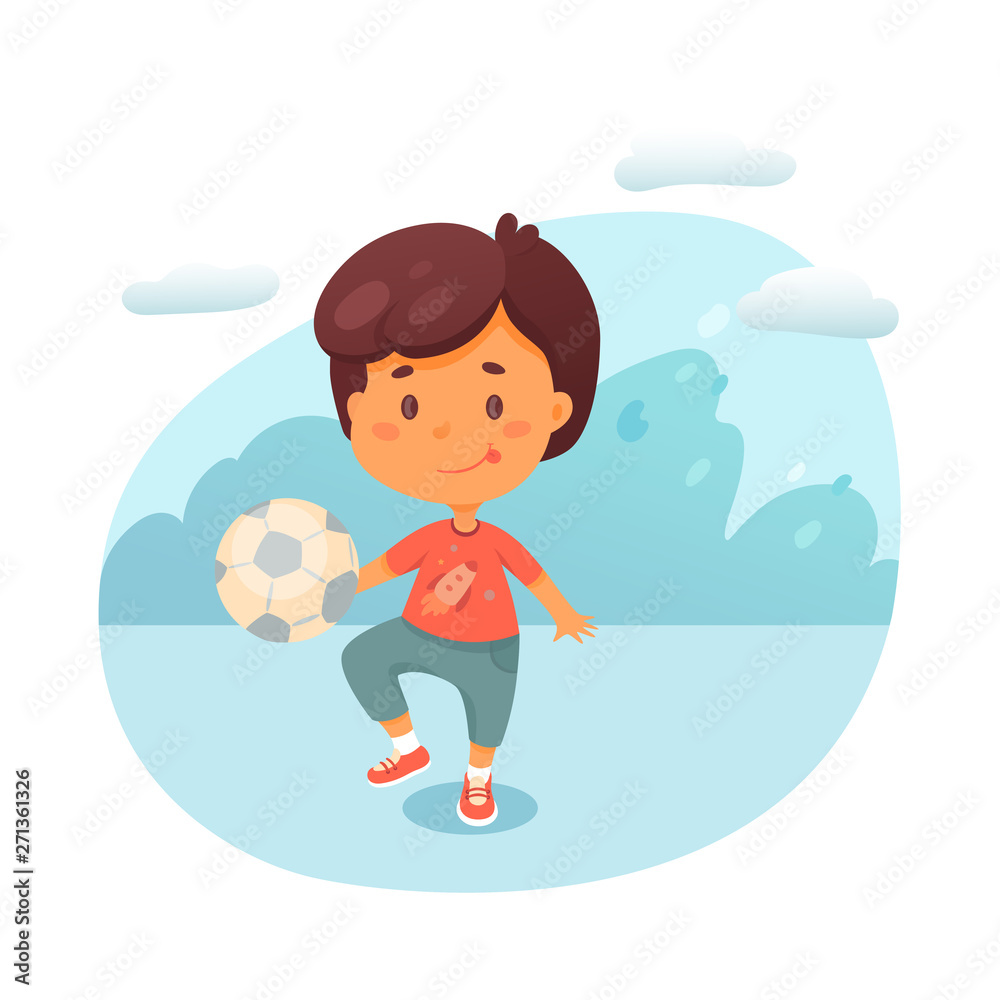 Little boy kicking ball flat vector illustration Little boy kicking ball flat vector illustration