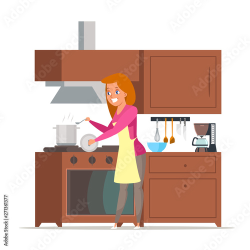 Housewife cooking soup flat vector illustration
