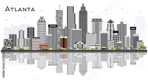 Atlanta Georgia USA City Skyline with Gray Buildings Isolated on White.