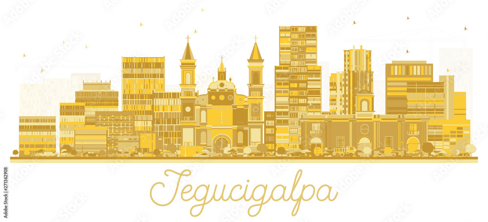 Tegucigalpa Honduras City Skyline Silhouette with Golden Buildings Isolated on White.