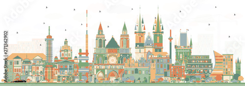 Prague Czech Republic City Skyline with Color Buildings.