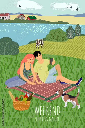 Cute vector illustration with a guy and a girl, resting on the nature. Couple sitting on the bedspread, dog and foodbasket on a picnic against the background of the rural landscape
