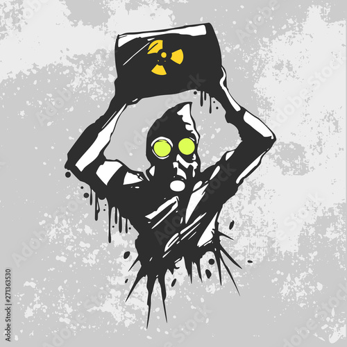 Man in a Protection Gas mask suit is  Carrying a Barrel of Nuclear Gabage , Street art Graffiti painting isolated on a Grunge wall, Vectore illustration.