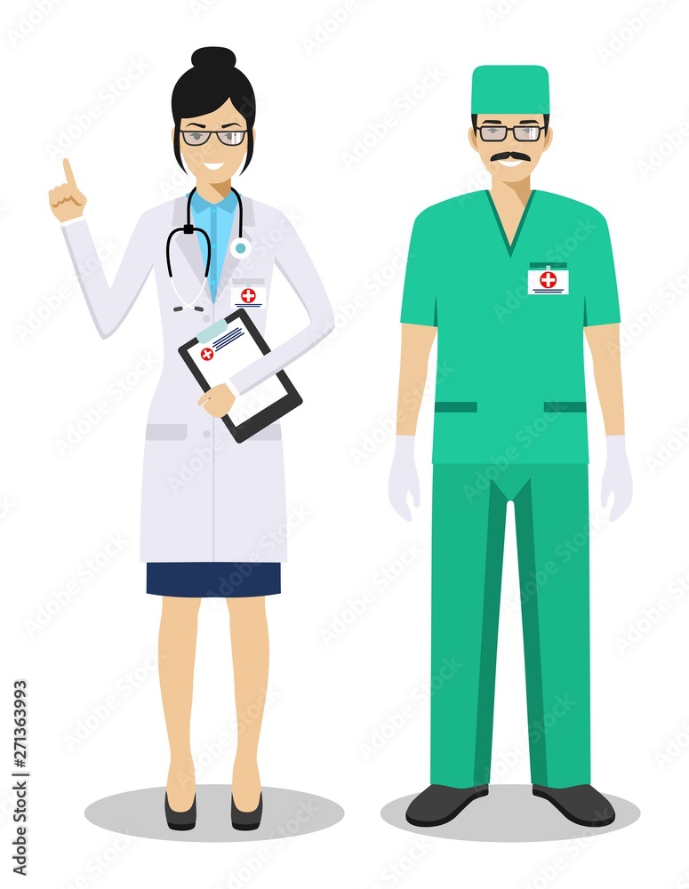 Medical teamwork concept. Detailed illustration couple of paramedic man and woman, emergency doctor, nurse in flat style. Practitioner doctors standing together. Vector illustration.