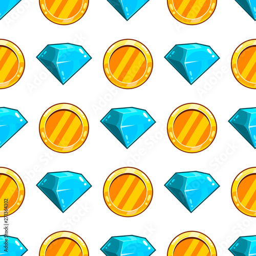 Seamless pattern with vector gemstone and coin