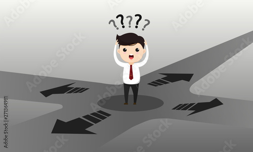 Businessman thinking about decisions to success, standing on the road.Businessman at crossroads in uncertainty concept.Vector, illustration,