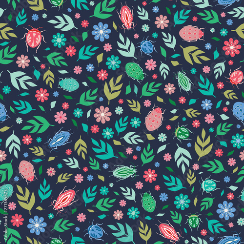 Seamless repeat pattern of colourful beetles, leaves and flowers on a dark background. A vector surface design of insects and flora ideal for fabric, home decor or stationery projects.