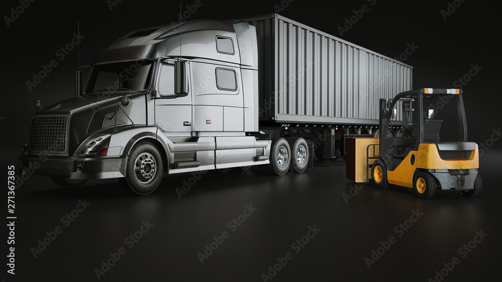 truck and Folk Lift in the studio room. 3d rendering and illustration. truck and Folk Lift in the studio room. 3d rendering and illustration.
