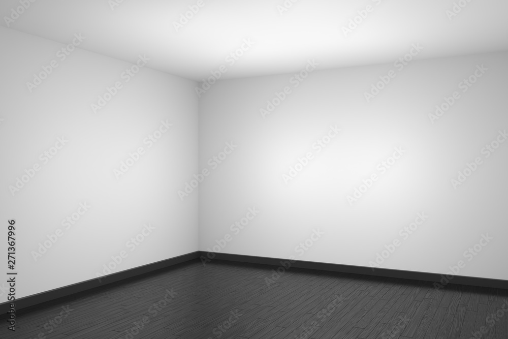 Empty white room with black wood parquet floor