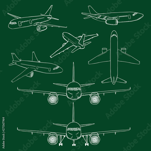 Vector Set of Chalk Sketch Airplanes.