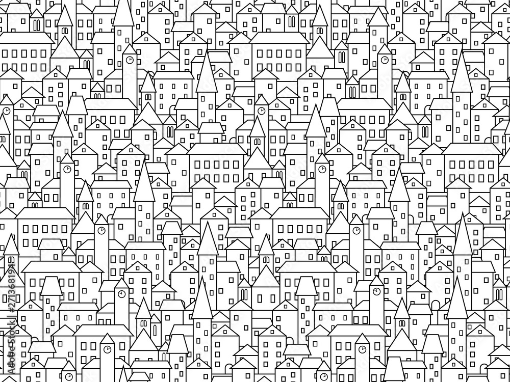 Black and white houses and buildings old town streets linear art busy seamless pattern, vector
