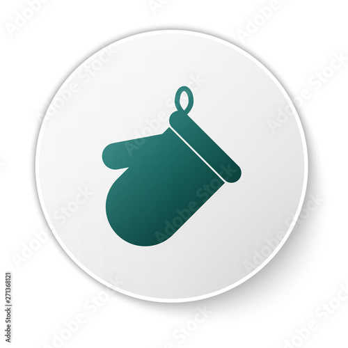 Green Oven glove icon isolated on white background. Kitchen potholder sign. Cooking glove. White circle button. Vector Illustration