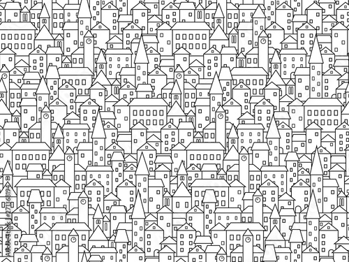 Black and white houses and buildings old town streets linear art busy seamless pattern  vector
