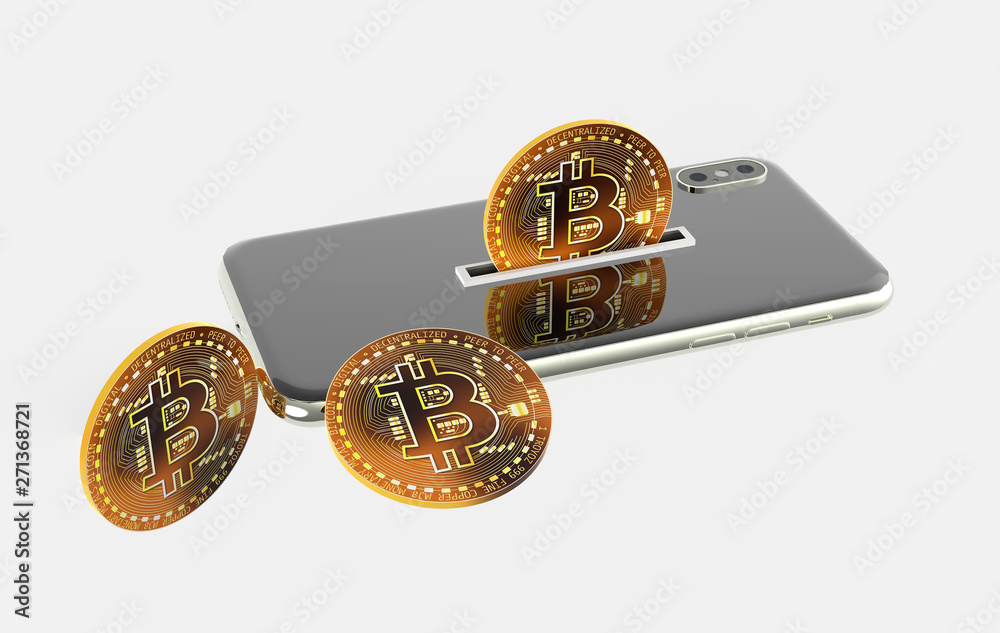 bitcoin on mobile phone screen on white background mobile phone as piggy bank for online transaction. 3d illustratio bitcoin on mobile phone screen on white background mobile phone as piggy bank for online transaction. 3d illustratio