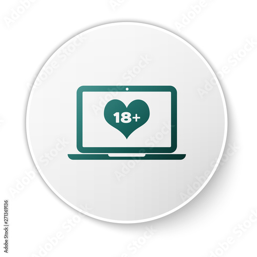 Green Laptop computer with 18 plus content heart icon isolated on white background. Age restriction symbol. 18 plus content sign. Adult channel. White circle button. Vector Illustration
