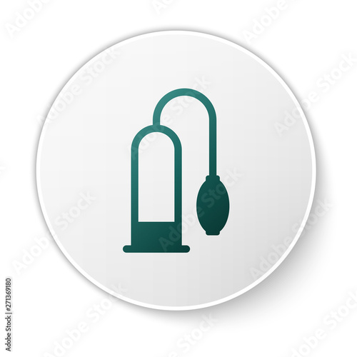 Green Penis pump icon isolated on white background. Penis enlarger. Sex toy for men. Vacuum pump with a blower to increase the penis. White circle button. Vector Illustration